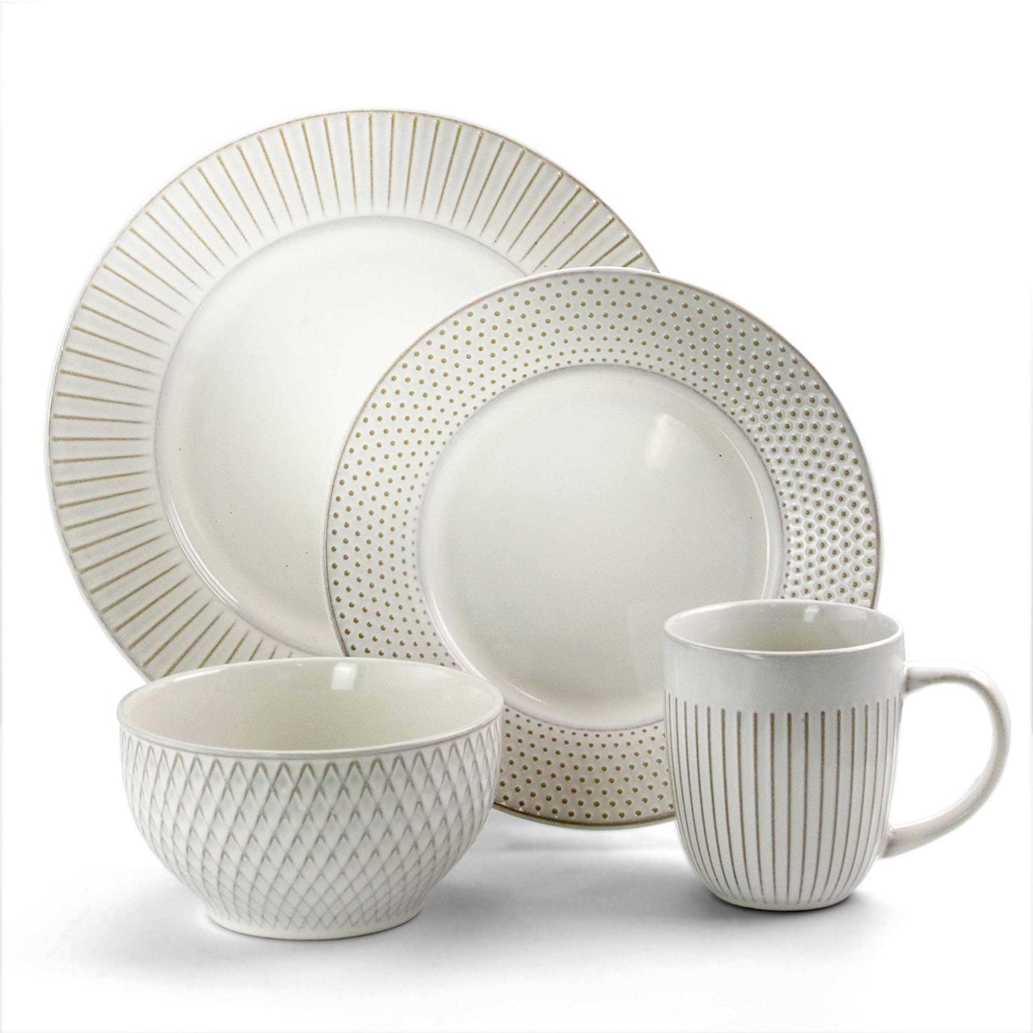 Elama Market Finds 16 Piece Round Stoneware Dinnerware Set in Embossed White - Image 5