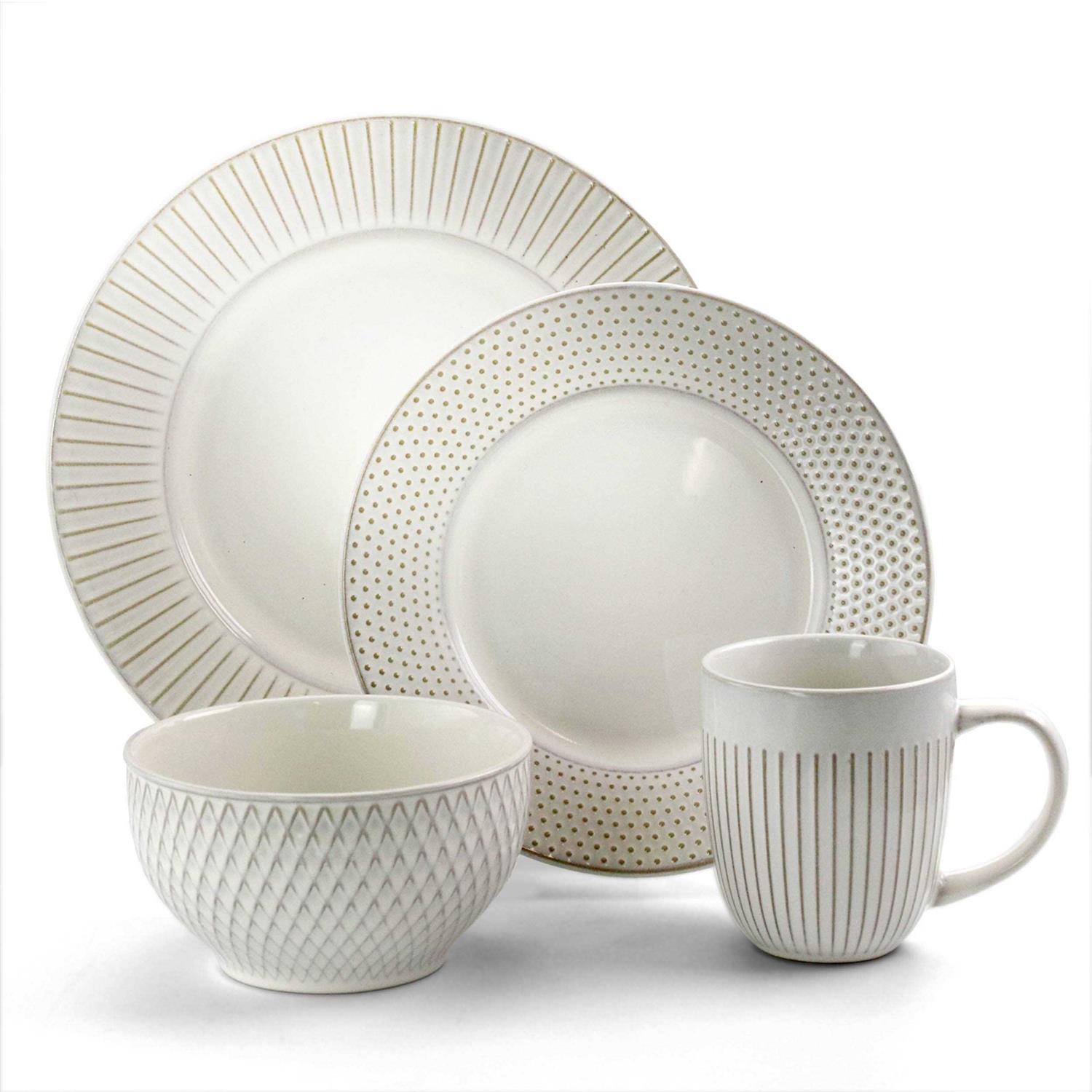 Elama Market Finds 16 Piece Round Stoneware Dinnerware Set in Embossed White - Image 4