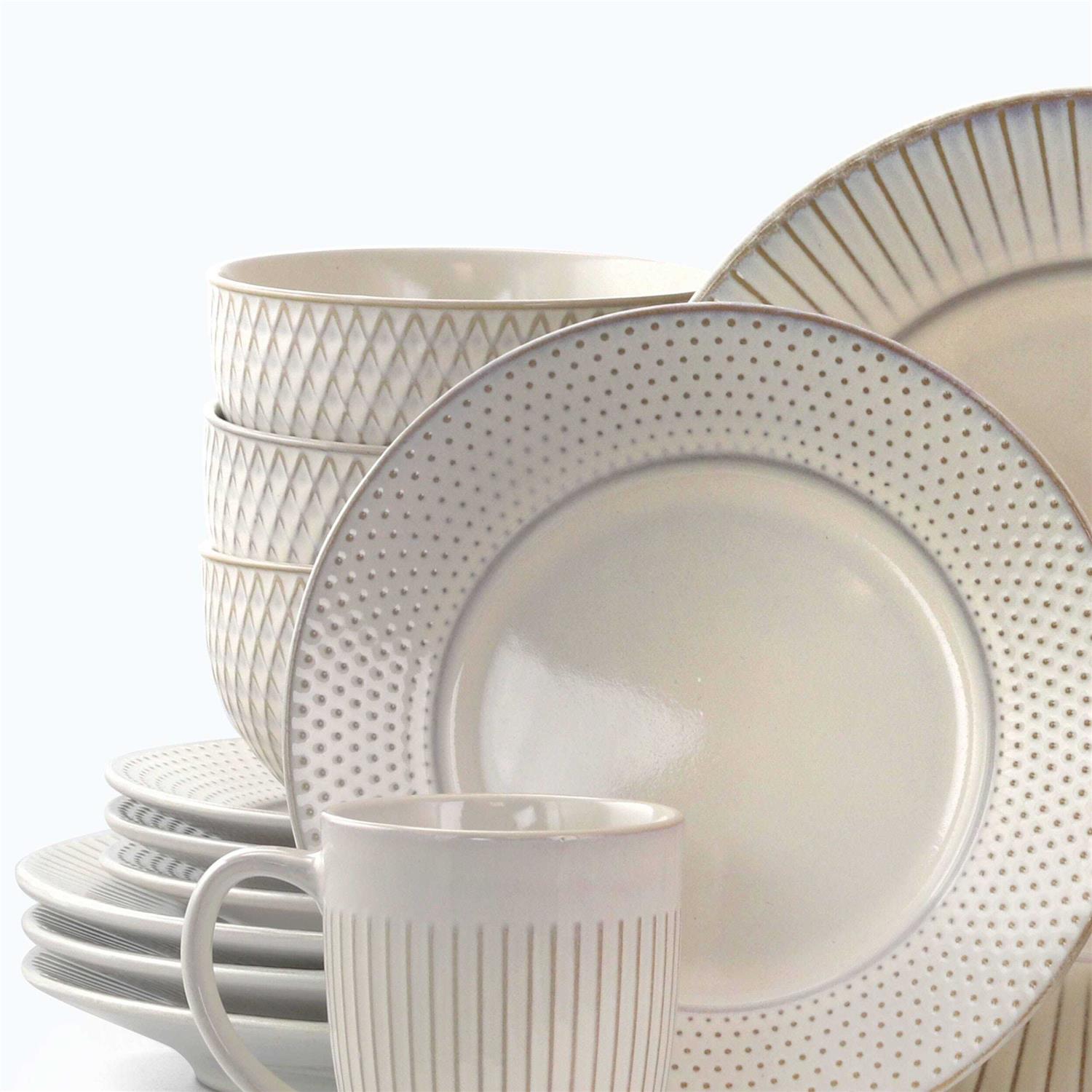 Elama Market Finds 16 Piece Round Stoneware Dinnerware Set in Embossed White - Image 5