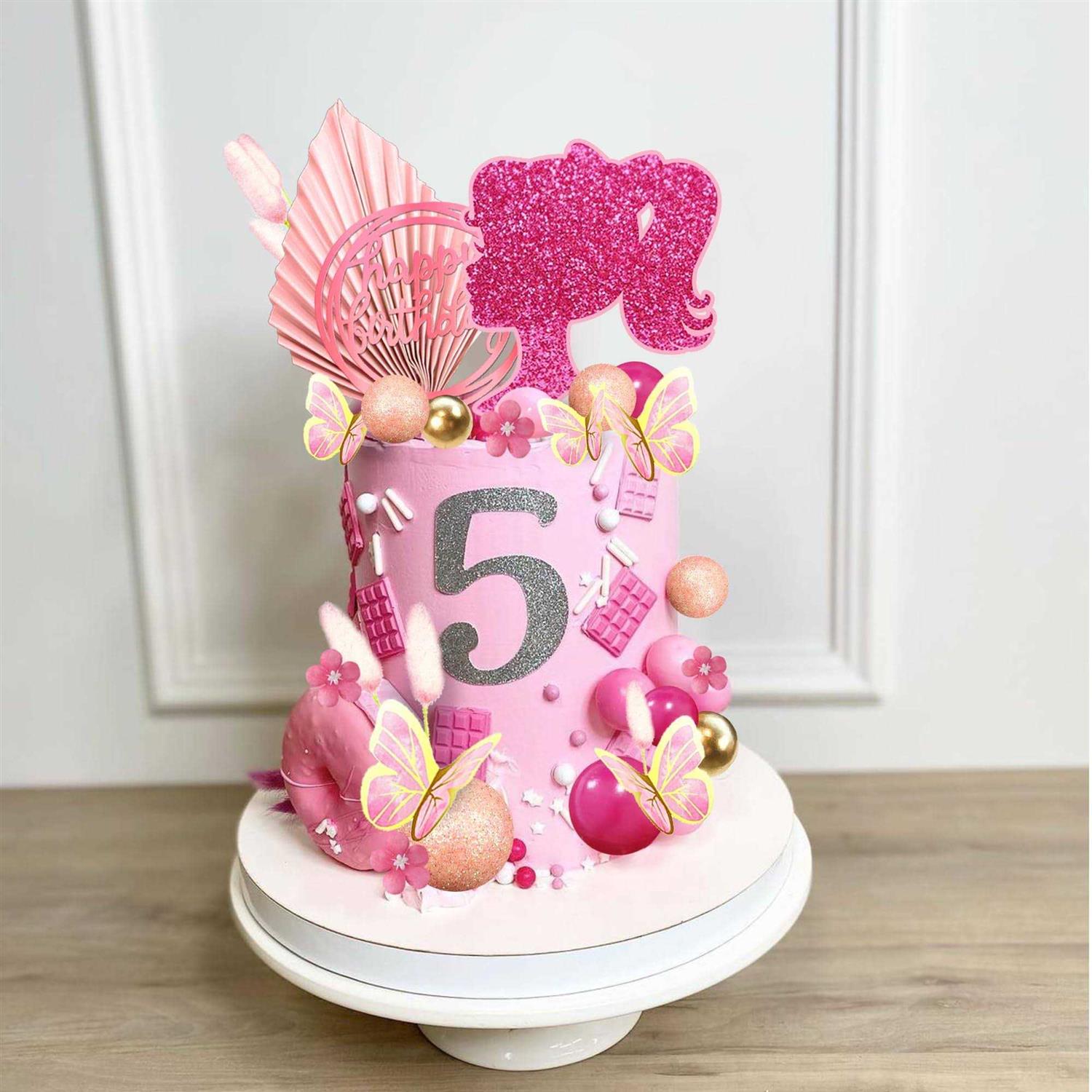 Hot Pink Girl Cake Toppers with Pink and Gold Butterfly Balls Cake Topper for Wedding Baby Shower Anniversary Girl Birthday Themed Party Supplies - Image 2