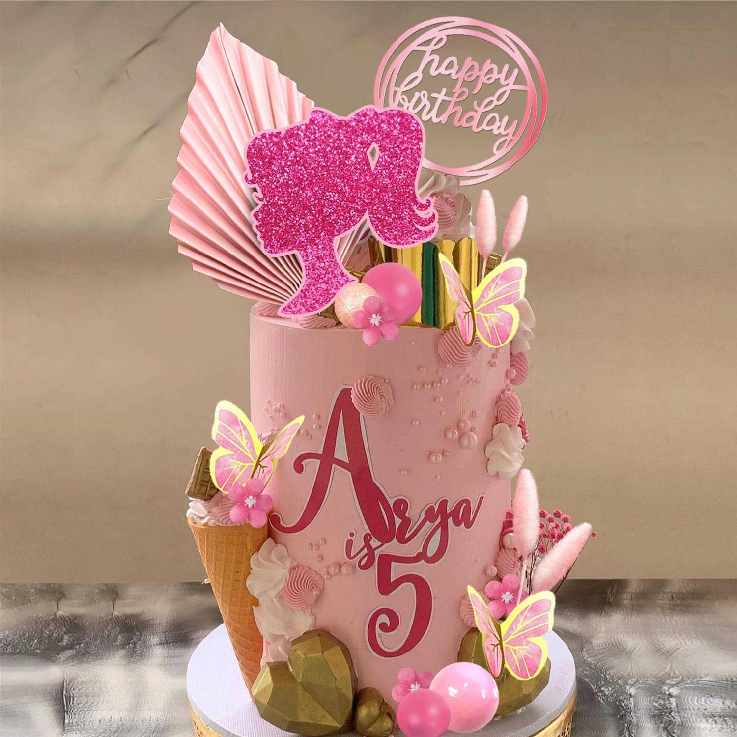 Hot Pink Girl Cake Toppers with Pink and Gold Butterfly Balls Cake Topper for Wedding Baby Shower Anniversary Girl Birthday Themed Party Supplies - Image 3