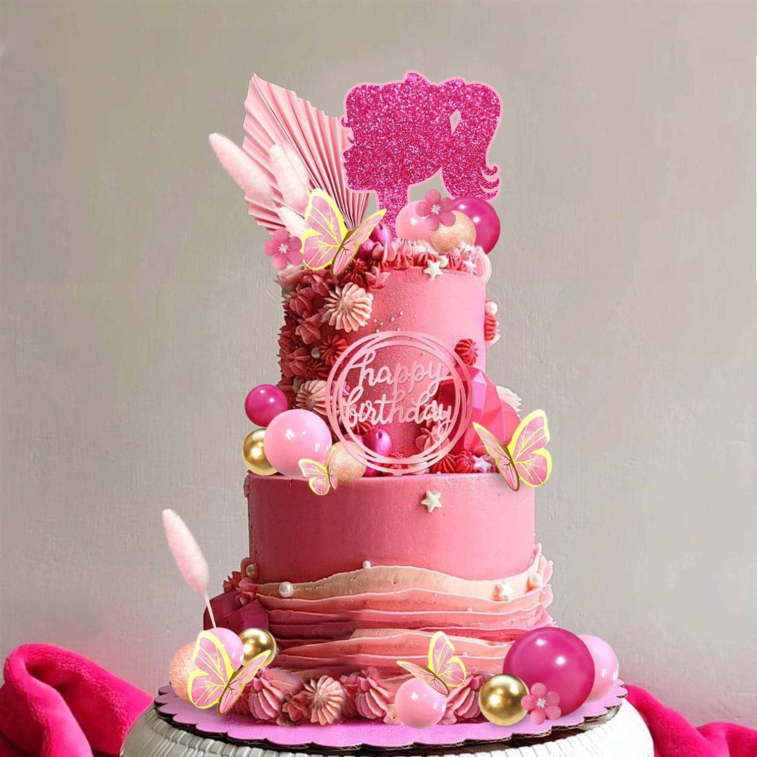 Hot Pink Girl Cake Toppers with Pink and Gold Butterfly Balls Cake Topper for Wedding Baby Shower Anniversary Girl Birthday Themed Party Supplies - Image 5