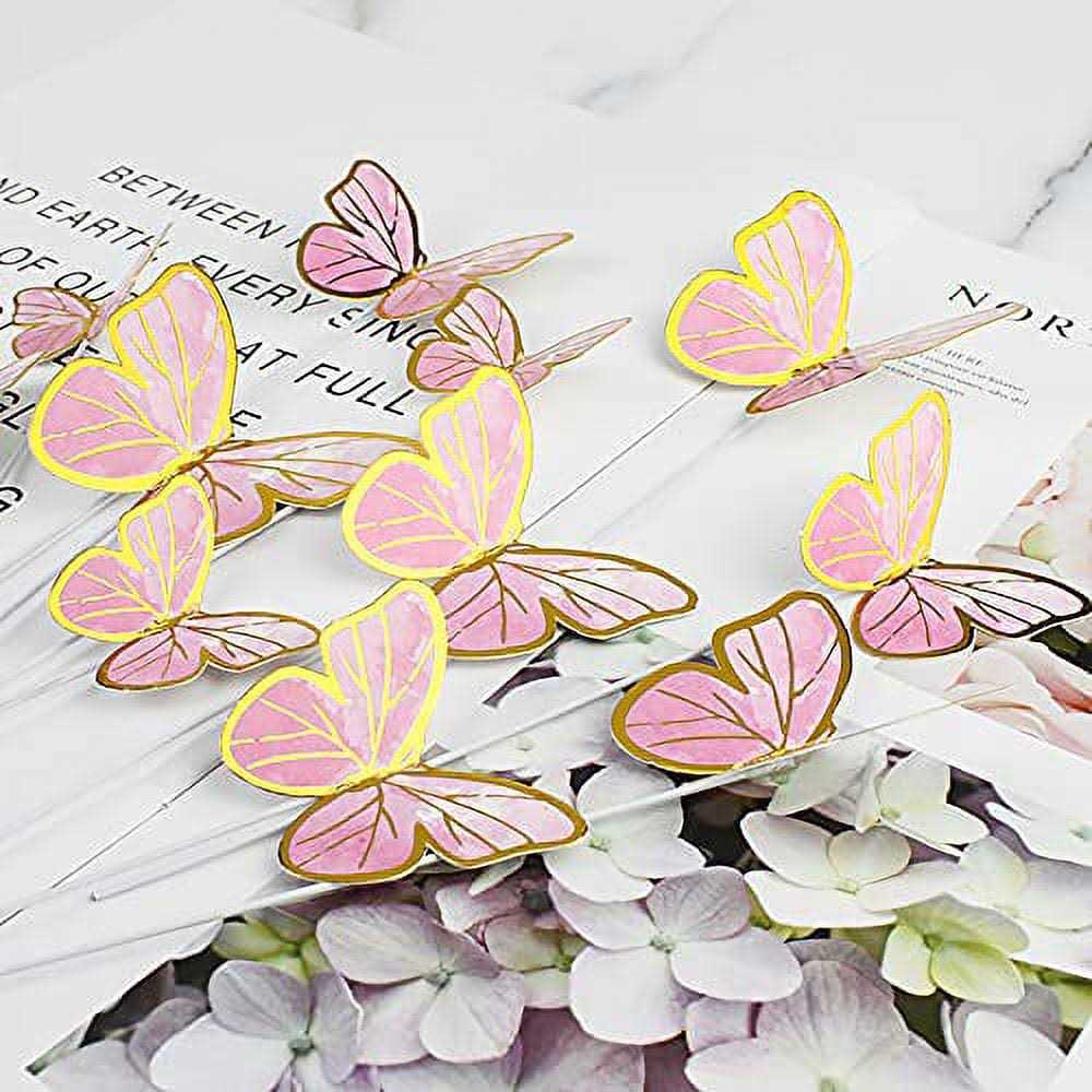 Hazyore Pink Butterfly Cake Toppers 11pcs Butterfly Cupcake Toppers Happy Birthday Metal Gold Cake Topper for Girls Womens Birthday Cake Party Decorations - Image 5