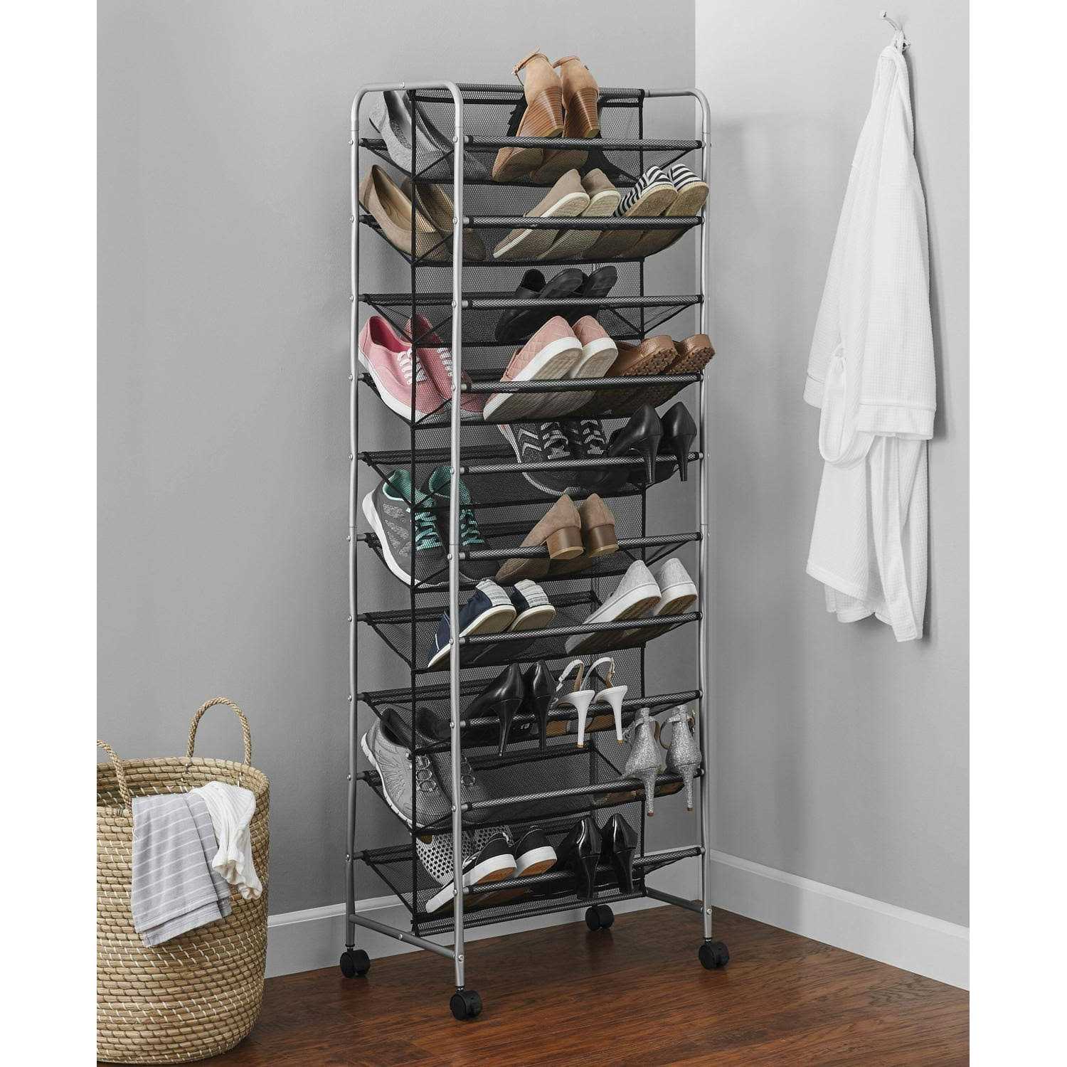 Mainstays 10 Tier 60 Pair Metal and Mesh Rolling Shoe Rack - Image 3