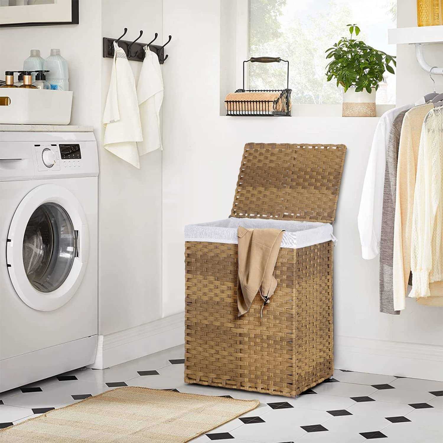 Paylesshere Laundry Basket Handwoven Laundry Hamper 90L/110L Foldable Rattan Laundry Hamper With Lid,2 Removable Liner Bags & 6 Laundry Bags,Clothes - Image 2