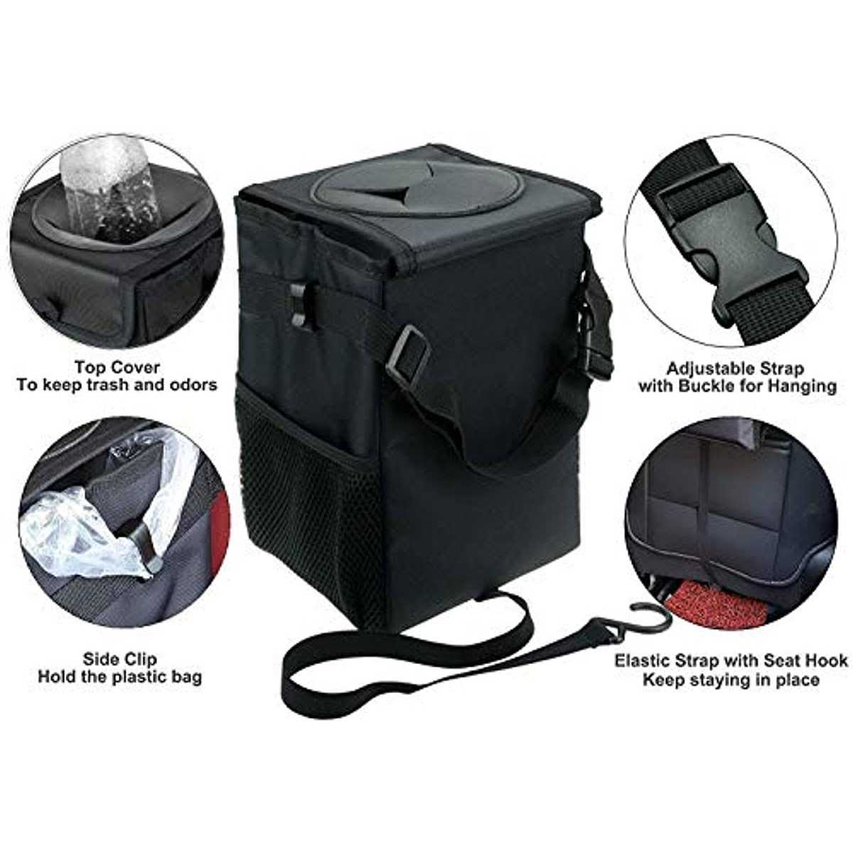 Ryhpez Car Trash Can with Lid Car Trash Bag Hanging with Storage Pockets - Image 2