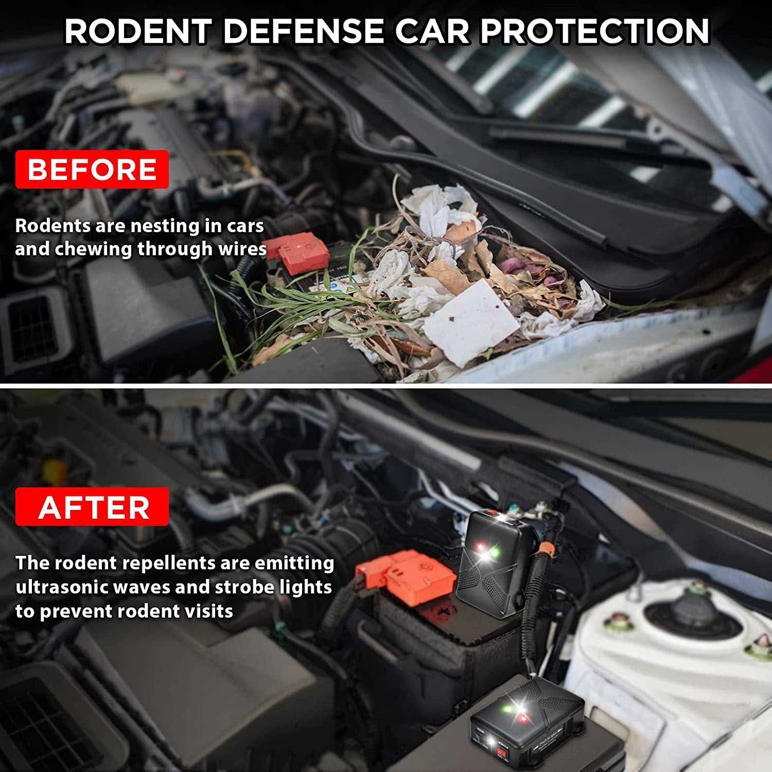 Loraffe Rodent Repellent Ultrasonic Under Hood Animal Repeller Battery Powered Rodent Strobe Light Keep Rat Mice Away from Car Engine Truck Garage - Image 4