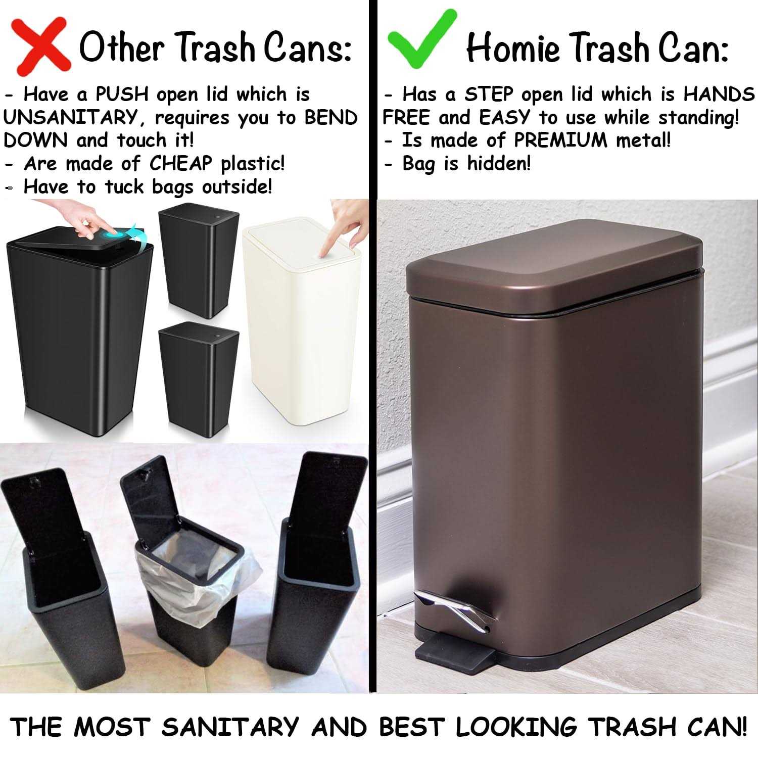 Homie Soft Close, Rectangular Trash Can 5L with Anti Bag Slip Liner and Lid, Use as Mini Garbage Basket, Slim Dust Bin, or Decor - Image 5