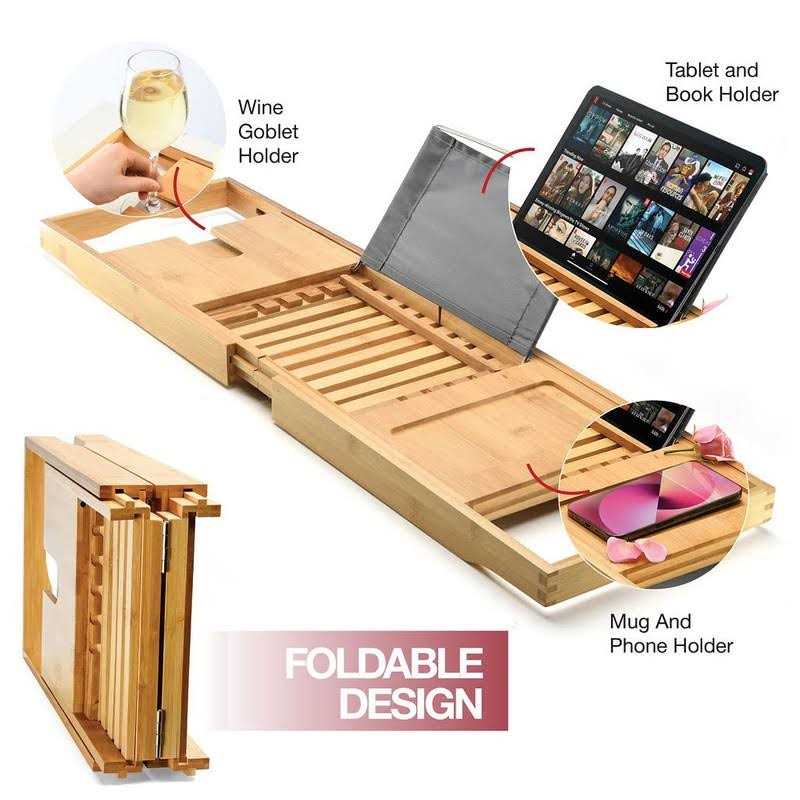 Home-it Luxury Bathtub Tray Caddy Foldable Waterproof Bath Tray & Bath Caddy Wooden Tub Organizer & Holder for Wine - Image 2