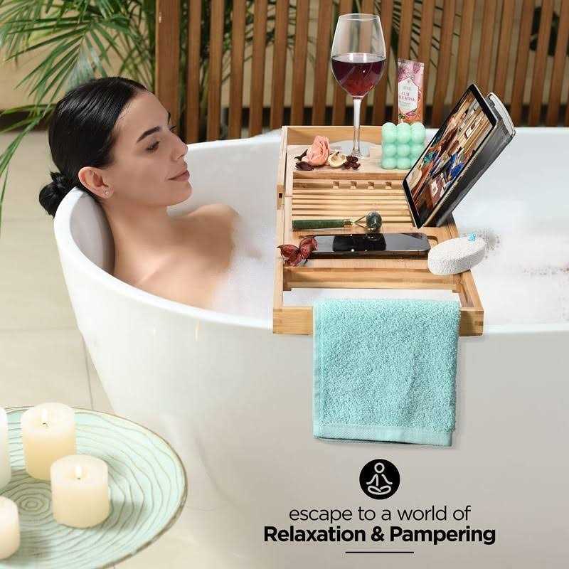 Home-it Luxury Bathtub Tray Caddy Foldable Waterproof Bath Tray & Bath Caddy Wooden Tub Organizer & Holder for Wine - Image 3