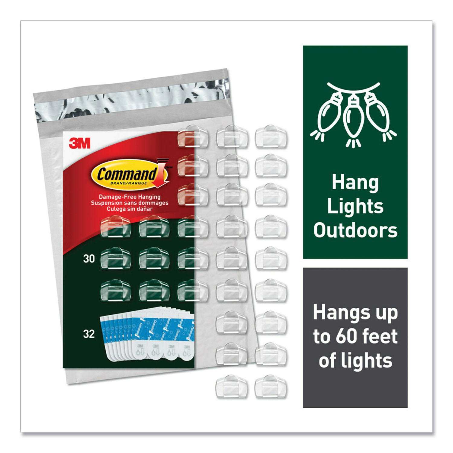Command All Weather Hooks and Strips, Plastic, Small, 30 Clips and 32 Strips/Pack 17017CLRAW30NA