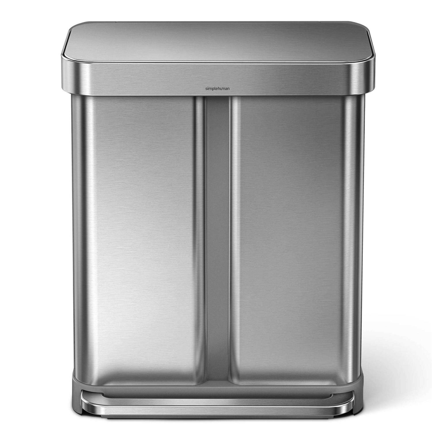 Alternative view of simplehuman 58 l Brushed Stainless Steel Dual Compartment Rectangular Recycling Step-On Trash Can with Plastic Lid