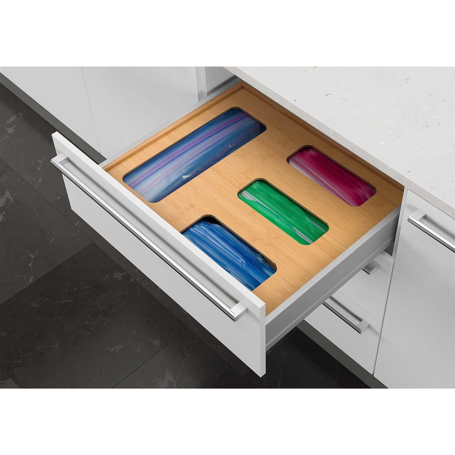 Meldevo Bamboo Ziplock Bag Drawer Organizer Storage Box Baggie Holder for Kitchen Drawer or Wall Mount Compatible with Gallon Quart Sandwich And Snack - Image 2