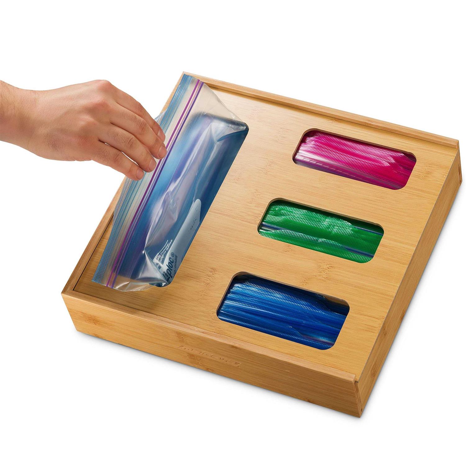 Meldevo Bamboo Ziplock Bag Drawer Organizer Storage Box Baggie Holder for Kitchen Drawer or Wall Mount Compatible with Gallon Quart Sandwich And Snack - Image 3