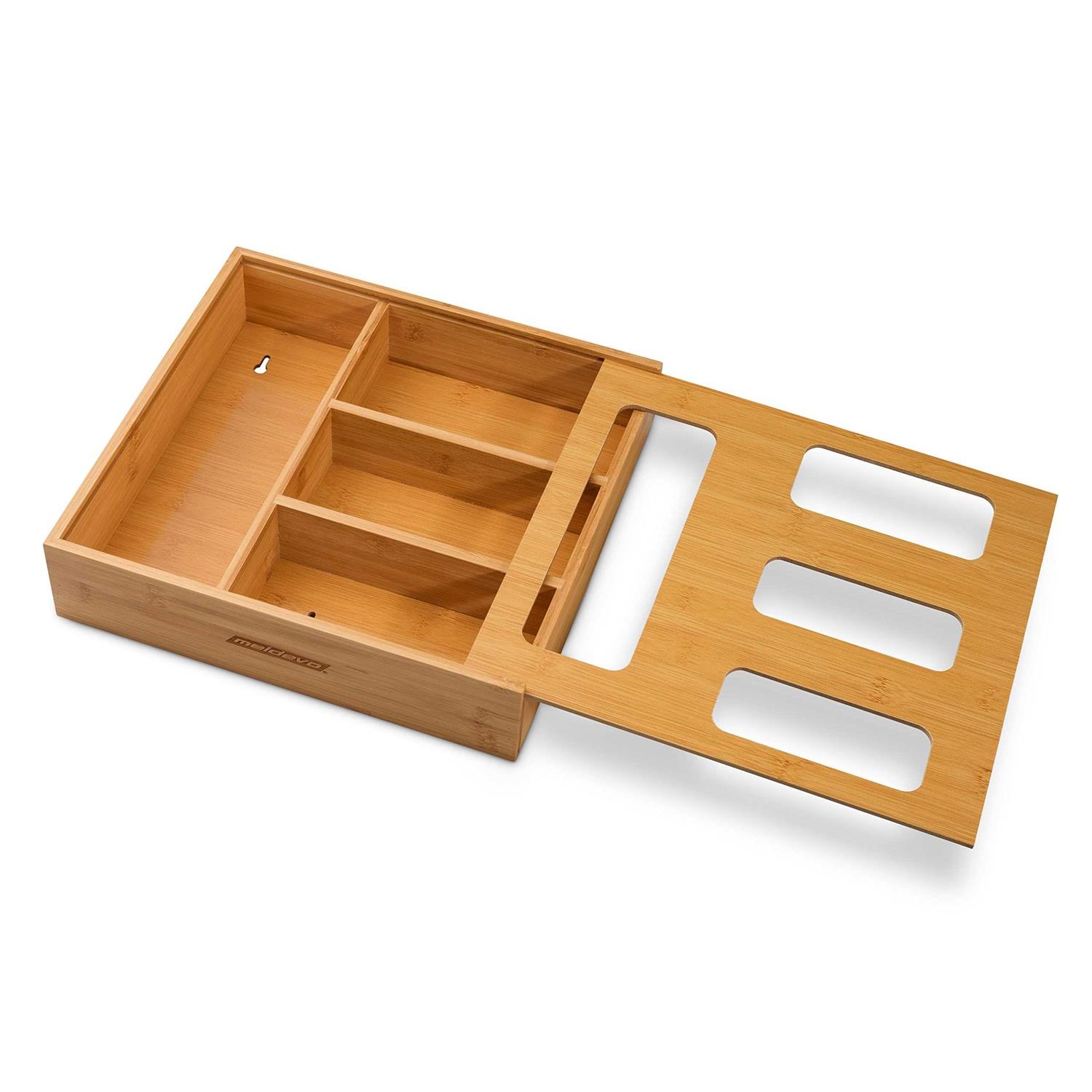 Meldevo Bamboo Ziplock Bag Drawer Organizer Storage Box Baggie Holder for Kitchen Drawer or Wall Mount Compatible with Gallon Quart Sandwich And Snack - Image 4