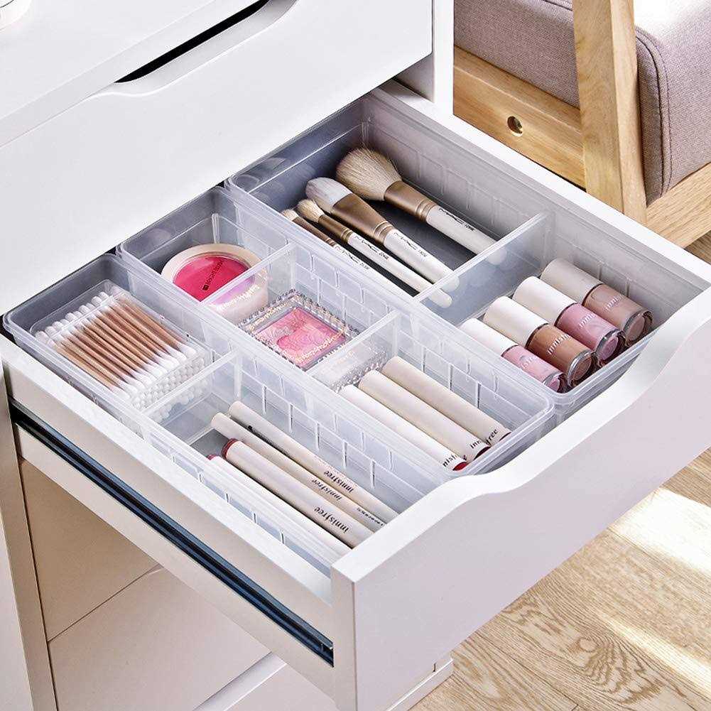 Minesign 4 Pcs Desk Drawer Organizer Plastic Makeup Drawer Dividers Cosmetic Flatware Organizer for Office Room Kitchen