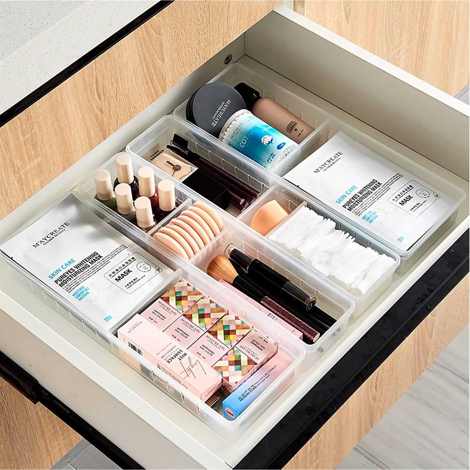Minesign 4 Pcs Desk Drawer Organizer Plastic Makeup Drawer Dividers Cosmetic Flatware Organizer for Office Room Kitchen - Image 4