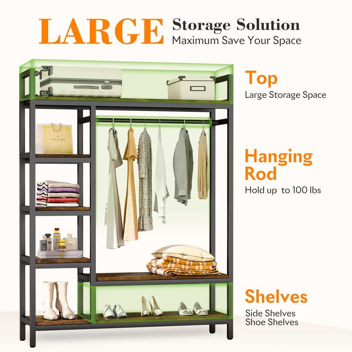 Hokeeper Capacity Heavy Duty Clothes Rack with Shelves Closet Organizer Metal Wardrobe Closet Clothing Rack - Image 3