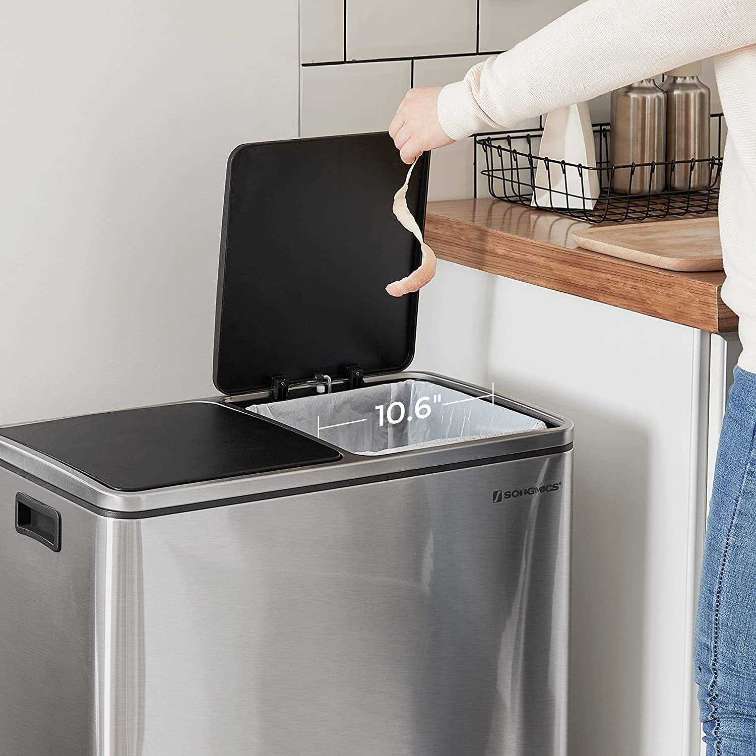 Songmics 2 x 6.3-Gallon Dual Trash Can, Pedal Recycle Bin with Lids and Inner Bu - Image 3