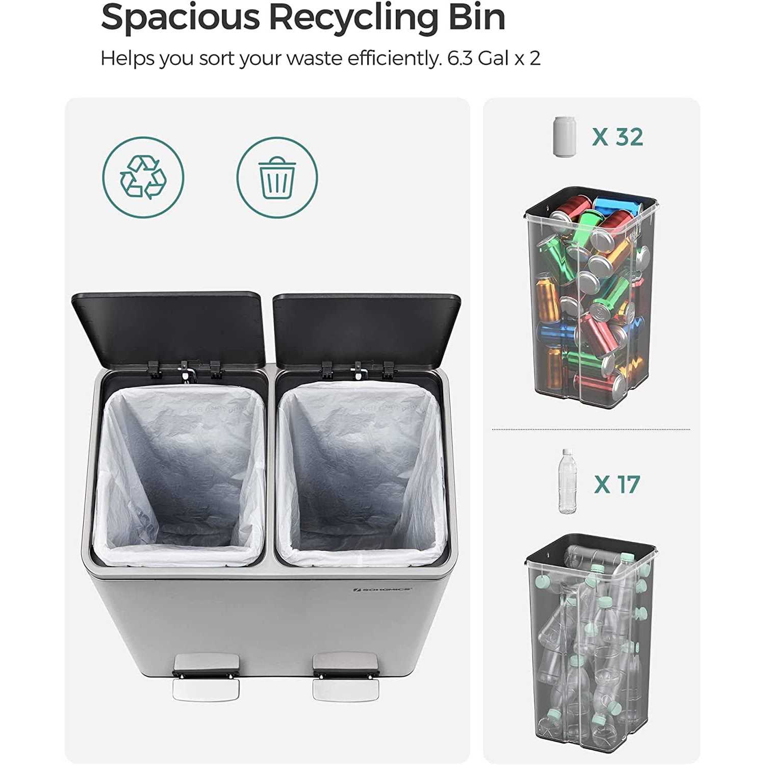 Songmics 2 x 6.3-Gallon Dual Trash Can, Pedal Recycle Bin with Lids and Inner Bu - Image 4