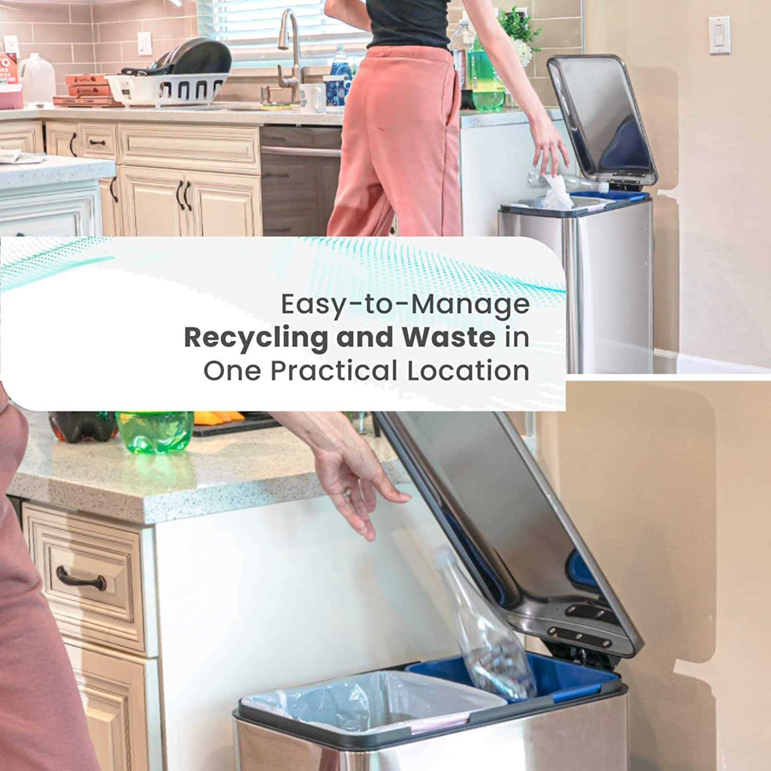 Home Zone Living 13 Gallon Kitchen Trash Can Dual Compartment Recycle Combo - Image 4