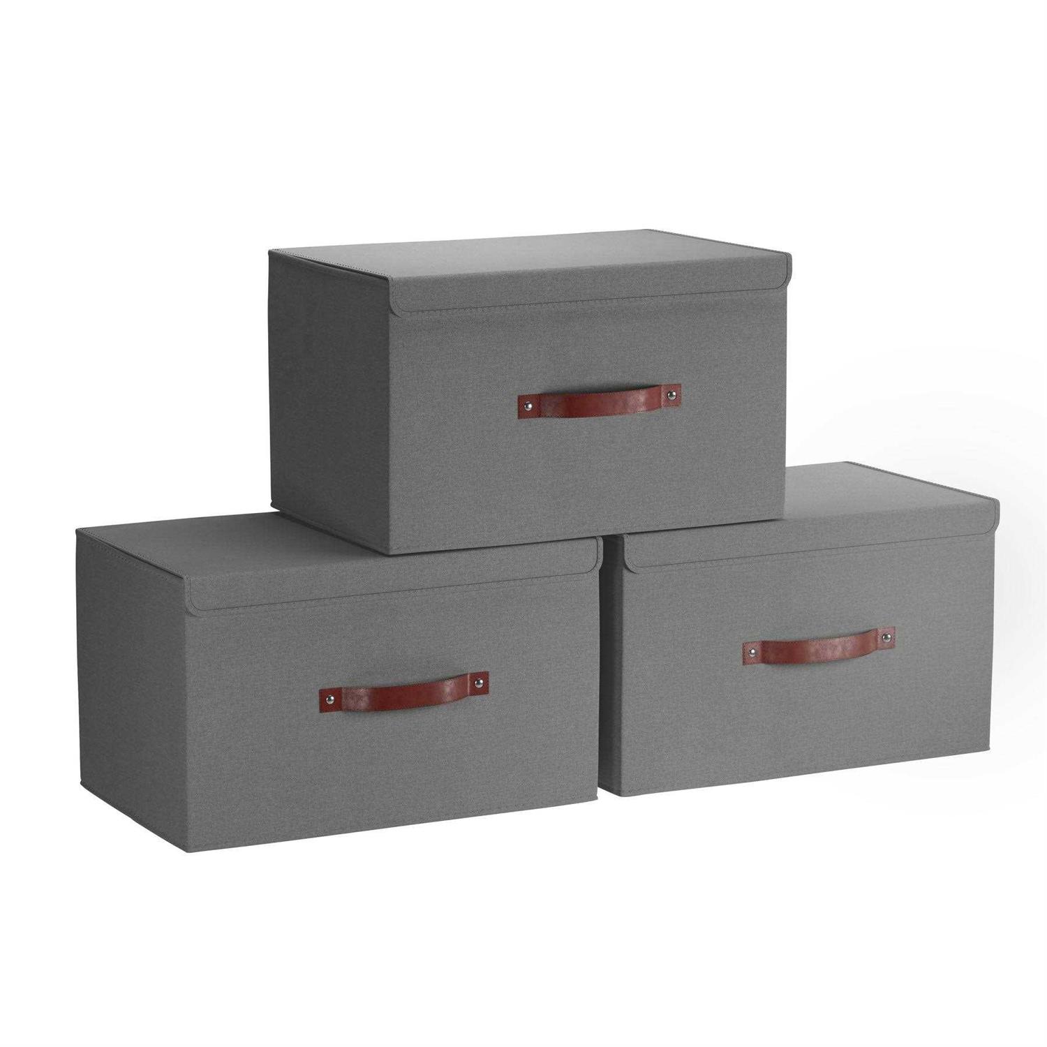Ornavo Home Foldable Linen Large Storage Bin with Leather Handles and Lid - Image 4