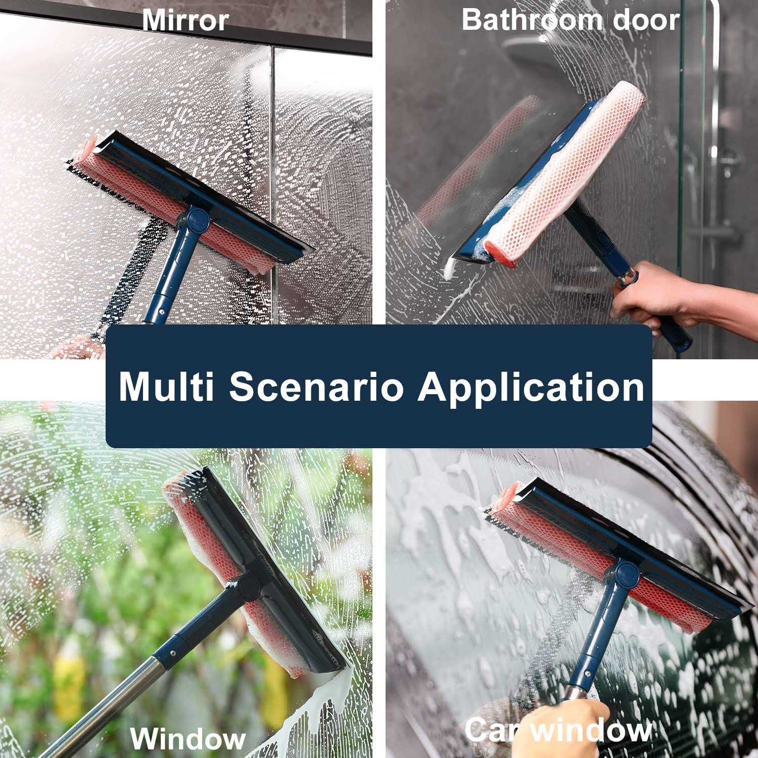 Multi-Use Window Squeegee with 56 Long Handle,2 in 1 Window Cleaning Tools with Dual Side Blade Rubber & Scrubber Sponge - Image 5