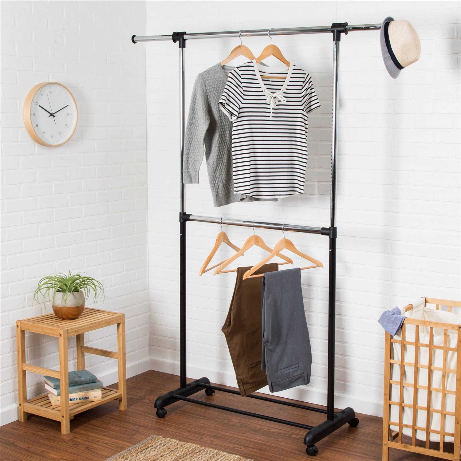 Honey Can Do Adjustable Rolling Metal Double Clothes Rack - Image 5