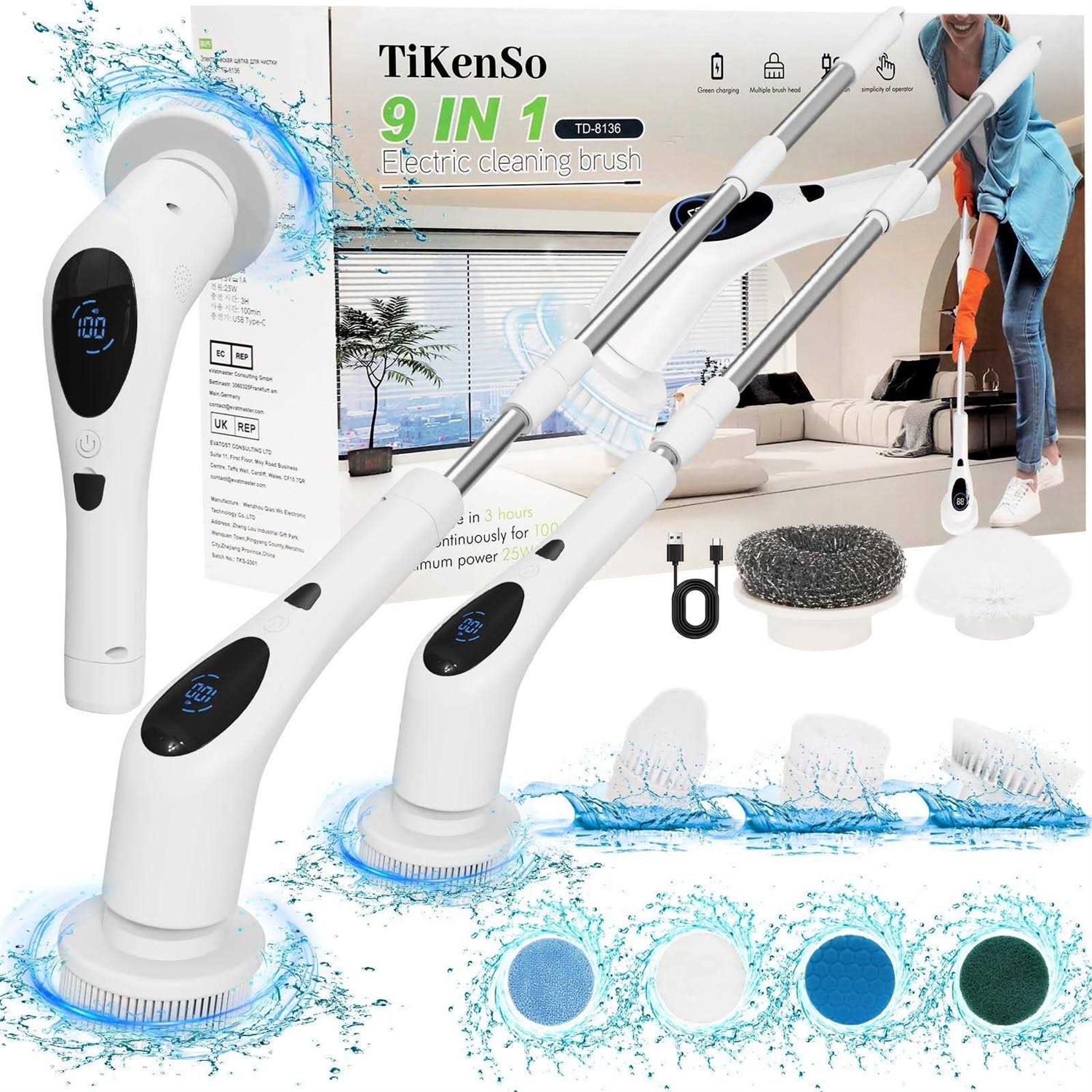 Electric Spin Scrubber, Digital Electric Scrubber with Voice Broadcasting Function and 9 Interchangeable Heads 3 Adjustable Speeds Bathroom Scrubber