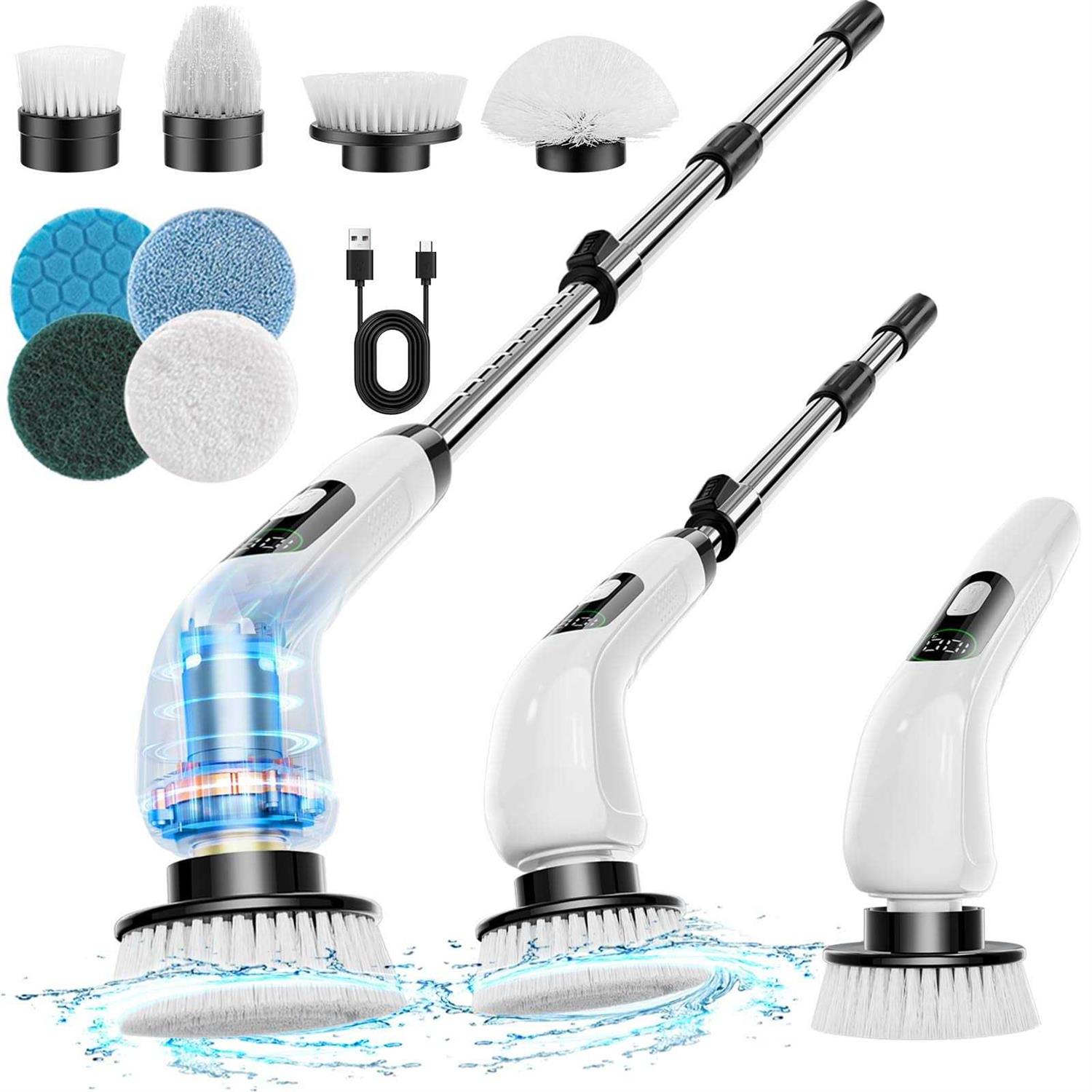 Electric Spin Scrubber, 2023 New Cordless Shower Scrubber with 8 Replaceable Brush Heads and Adjustable Extension Handle