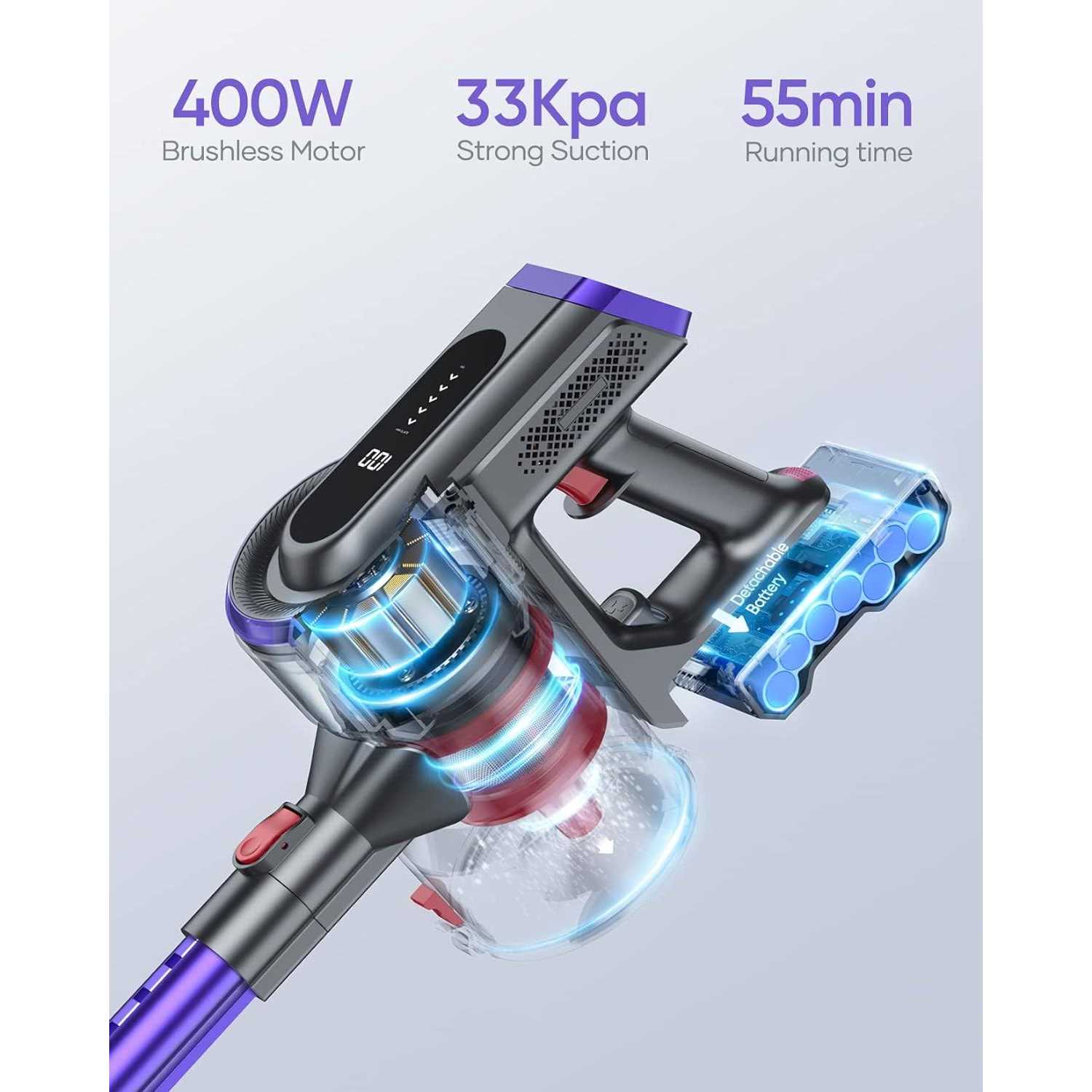 buture cordless vacuum cleaner, 400w 33kpa powerful stick vacuum with 55min runtime detachable battery, touch display and 1.2 - Image 3