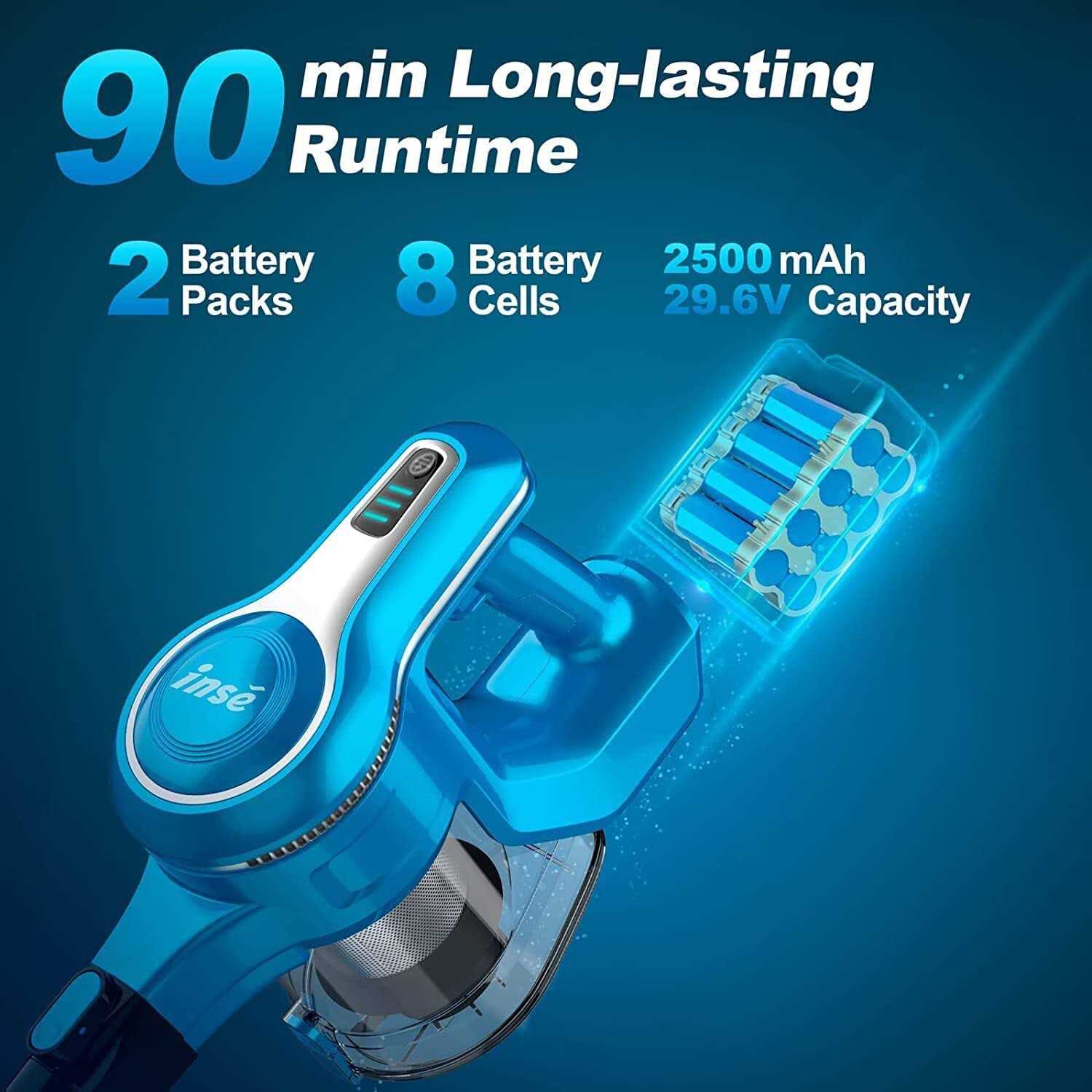 Inse Cordless Vacuum Cleaner with 2 Batteries Up to 80 Minutes Run-time Rechargeable Stick Vacuum - Image 2