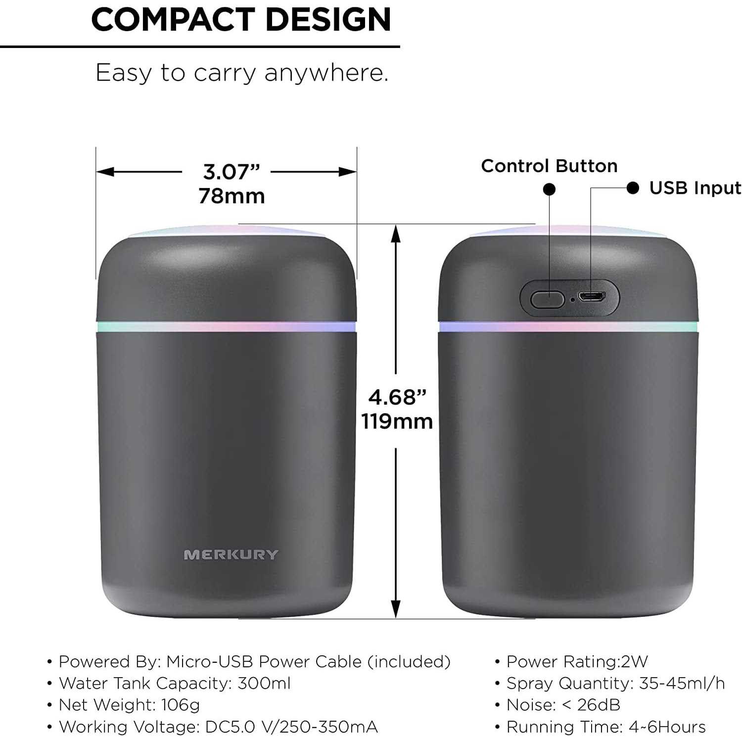 Merkury Innovations Breathe Easy Portable Personal Humidifier, USB Powered, Night Light, Timer Included, For Allergies, Dry Skin and Improved Sleep - Image 2