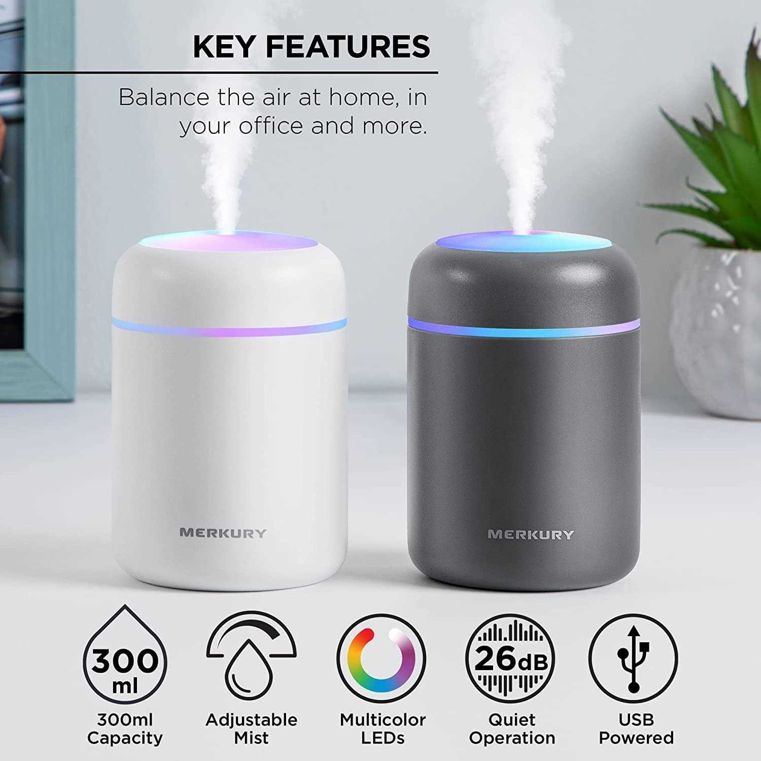 Merkury Innovations Breathe Easy Portable Personal Humidifier, USB Powered, Night Light, Timer Included, For Allergies, Dry Skin and Improved Sleep - Image 3