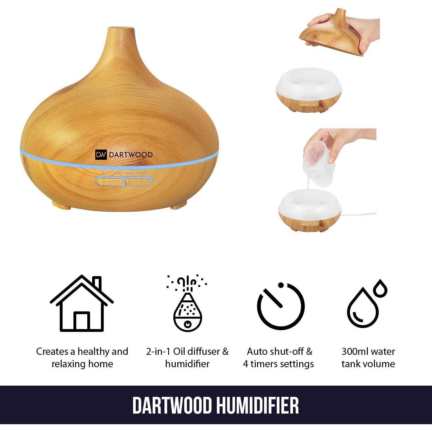 Dartwood Premium Ultrasonic Aroma Diffuser & Humidifier Essential Oil & Mist Vaporizer with 7-Lighting Modes & 4-Timers - Image 4