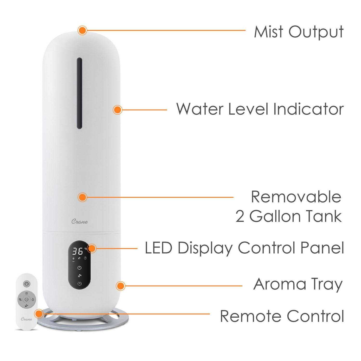 Crane 2 Gal. Tower Ultrasonic Cool Mist Humidifier with Remote - Image 5