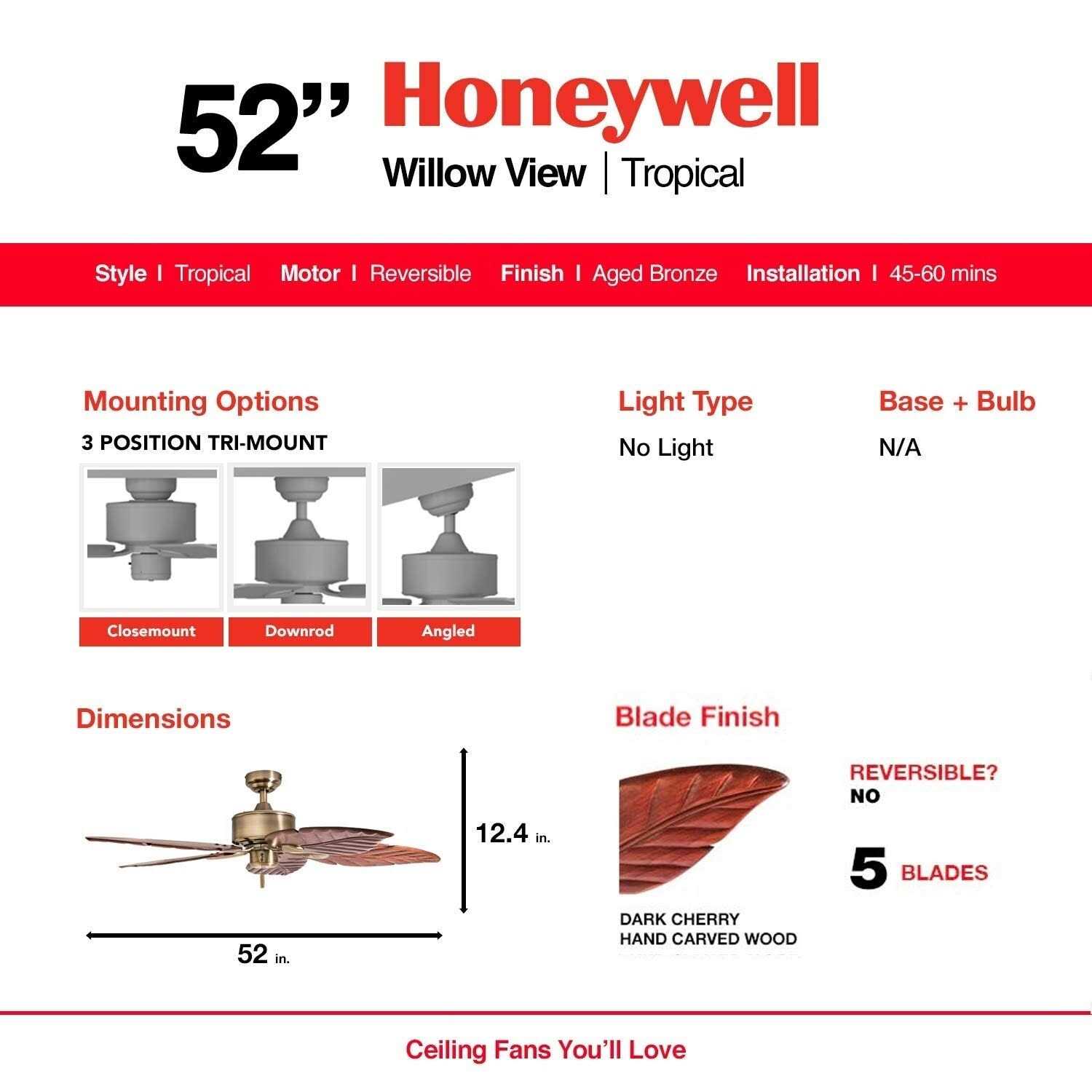 Honeywell Willow View 52 Brass Tropical Ceiling Fan - Image 2