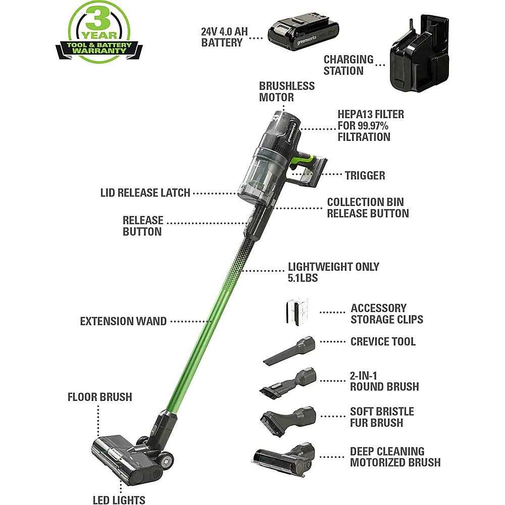 Greenworks 24 Volt Stick Vacuum with 4ah Battery - Image 2