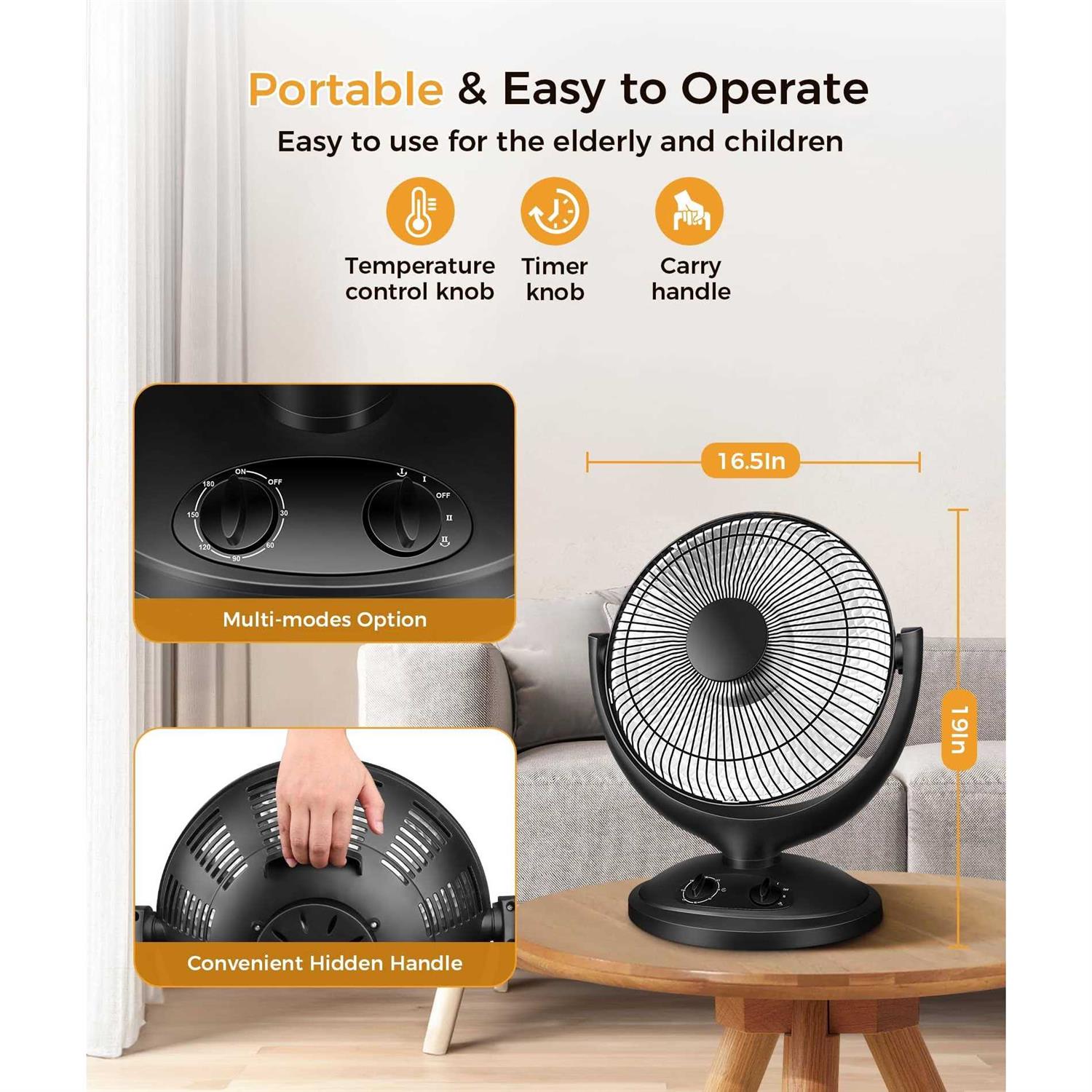 Joy Pebble Space Heater 400W/800W Oscillating Heater 2-Level Rapid Heating - Image 2