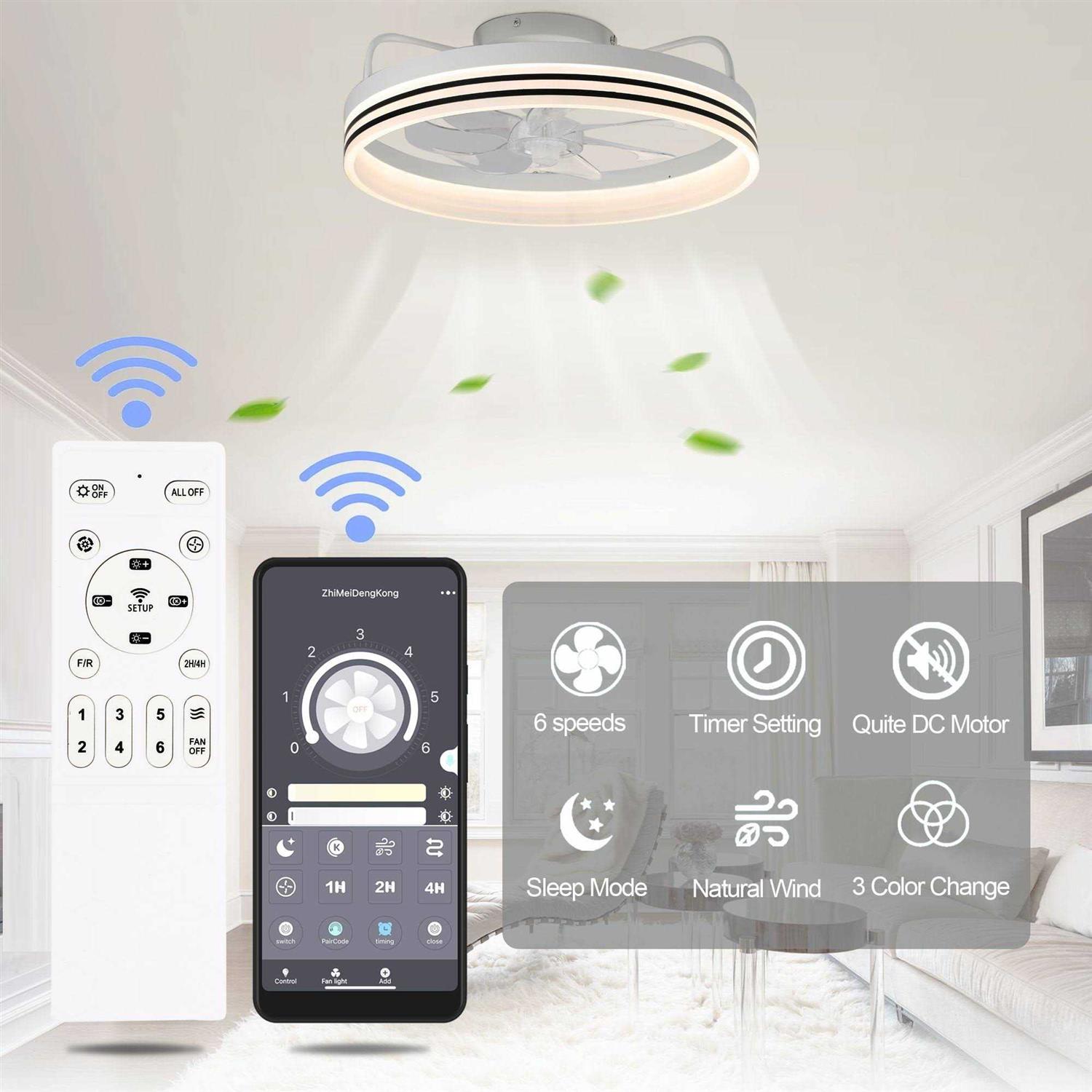 Oaks Aura Bladeless Smart App Remote Control Low Profile 6-Speed Ceiling Fan DC Motor Flush Mount Dimmable Lighting - Image 2