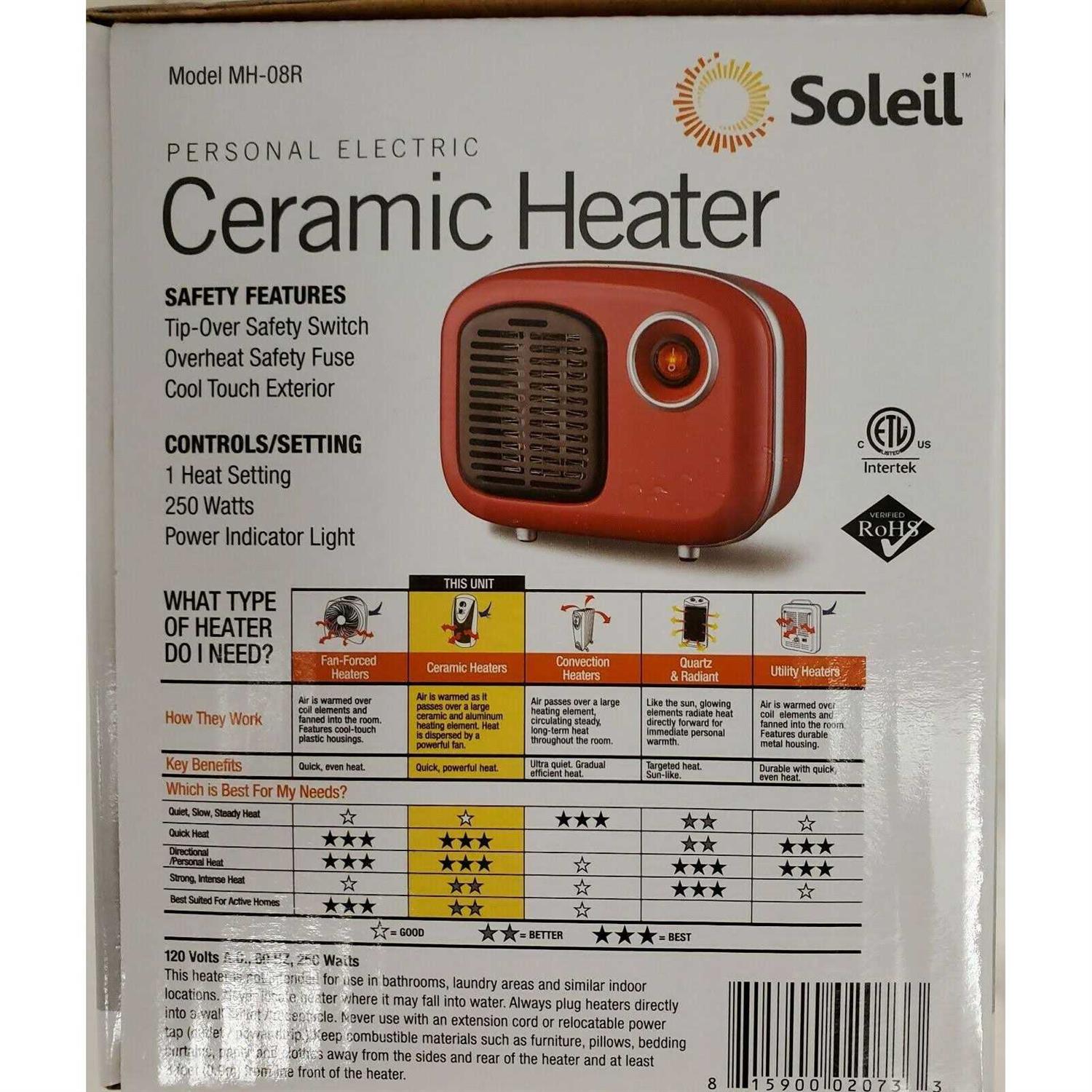 Soleil Personal Ceramic Mini Heater 250w Indoor MH-08B - Image 5