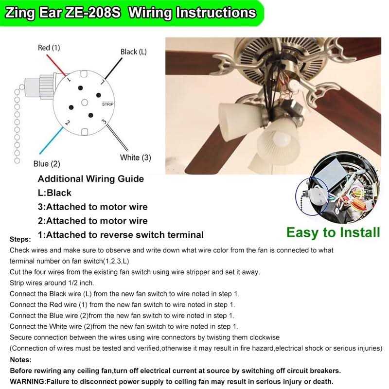 Ceiling Fan Switch Zing Ear ZE-208s E89885 with 4 Pre-Installed Wires 3 Speed 4 Wire Pull Chain Switch Fan Light Switch Replacement Part - Image 3