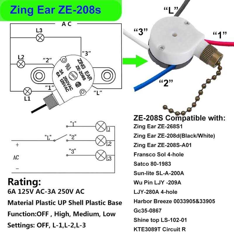 Ceiling Fan Switch Zing Ear ZE-208s E89885 with 4 Pre-Installed Wires 3 Speed 4 Wire Pull Chain Switch Fan Light Switch Replacement Part - Image 4