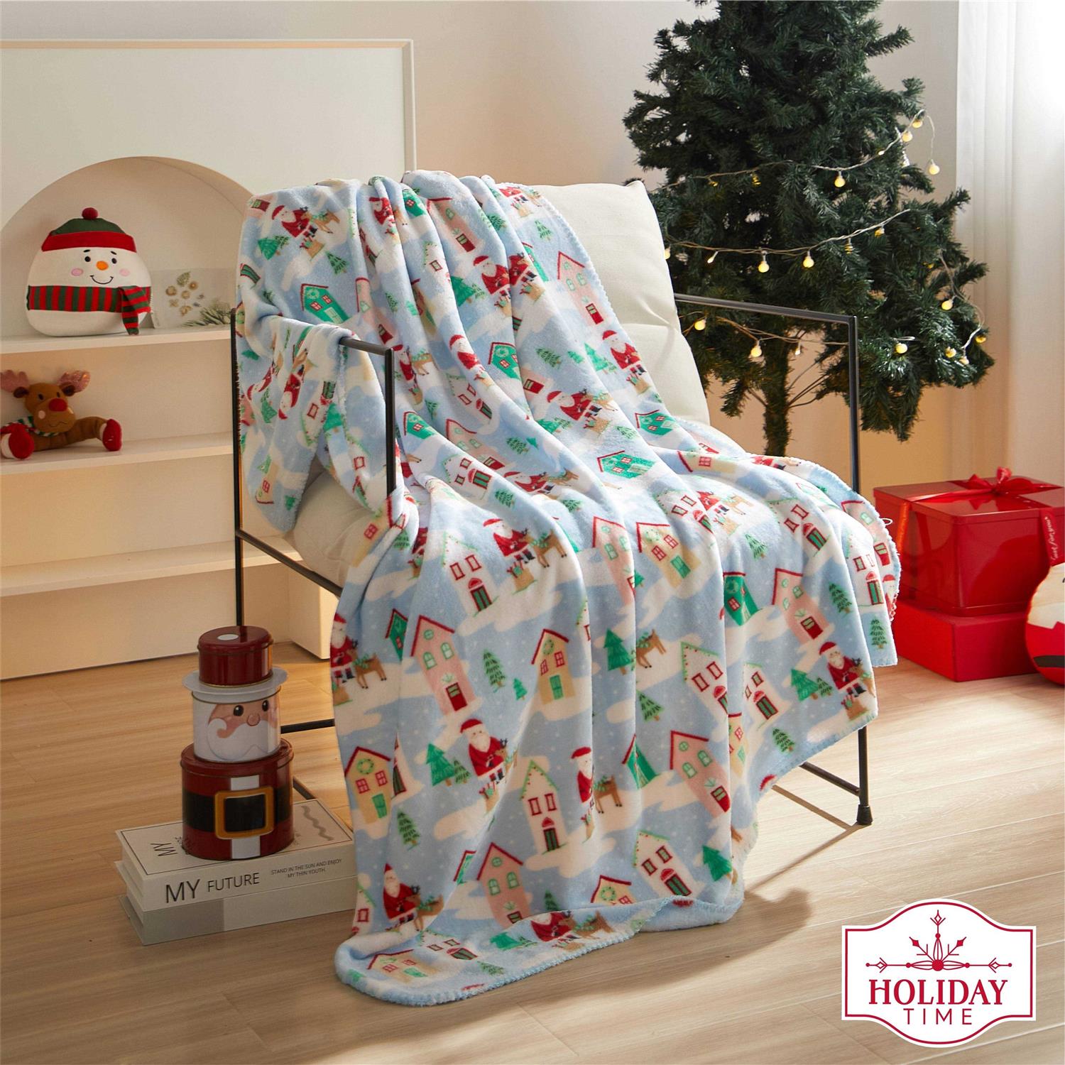Holiday Time Santa Village Plush Throw Blanket