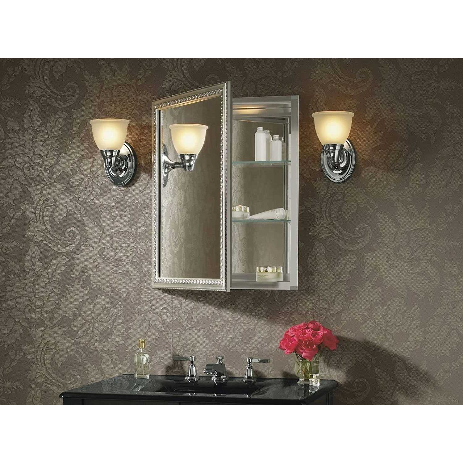 Kohler CB-CLW2026SS 20 W x 26 H Aluminum Single-door Medicine Cabinet with decorative Silver Framed mirrored door - Image 3