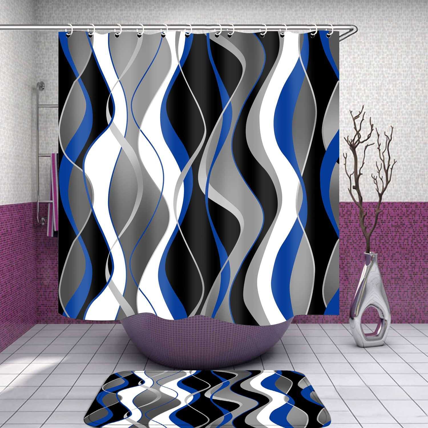 Nkzply 4 Pcs and Black Striped Shower Curtain Set with Rugs and Toilet Lid Cover Grey and White Bathroom Sets - Image 3
