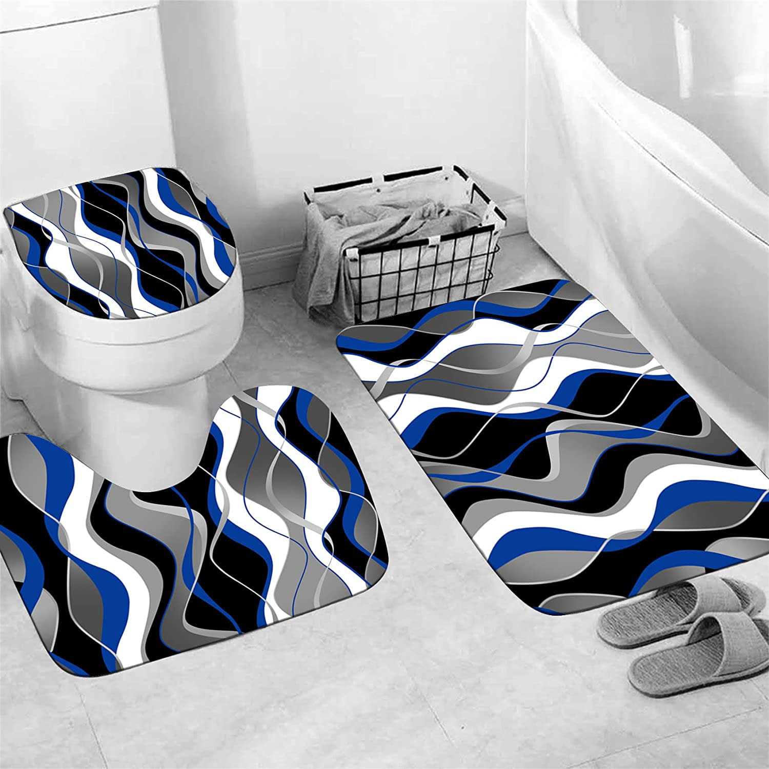 Nkzply 4 Pcs and Black Striped Shower Curtain Set with Rugs and Toilet Lid Cover Grey and White Bathroom Sets - Image 4