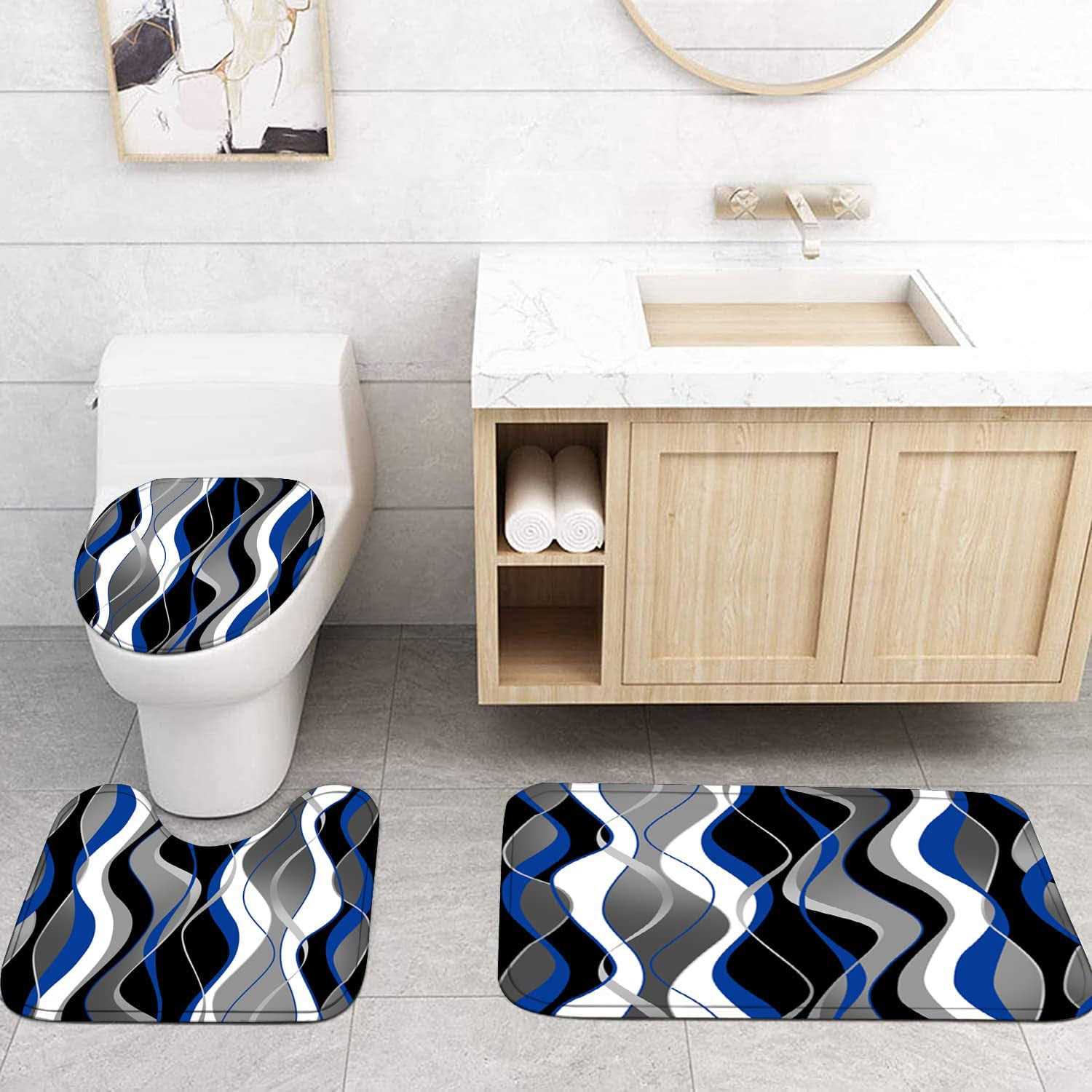 Nkzply 4 Pcs and Black Striped Shower Curtain Set with Rugs and Toilet Lid Cover Grey and White Bathroom Sets - Image 5