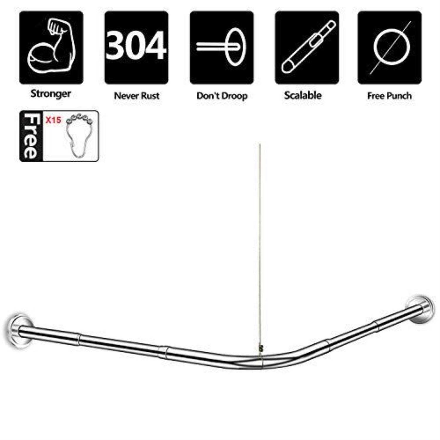 Sikaiqi Stretchable 304 Stainless Diamond Shaped Bathroom Bathtub Corner Shower Curtain Rod Rack - Image 5