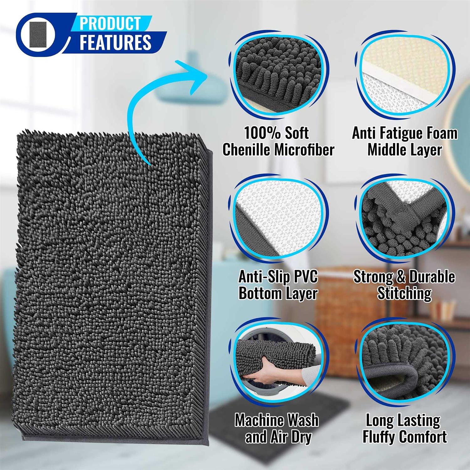 Mayshine Soft Plush Chenille Bathroom Rug Absorbent Microfiber Bath Mat - Image 3